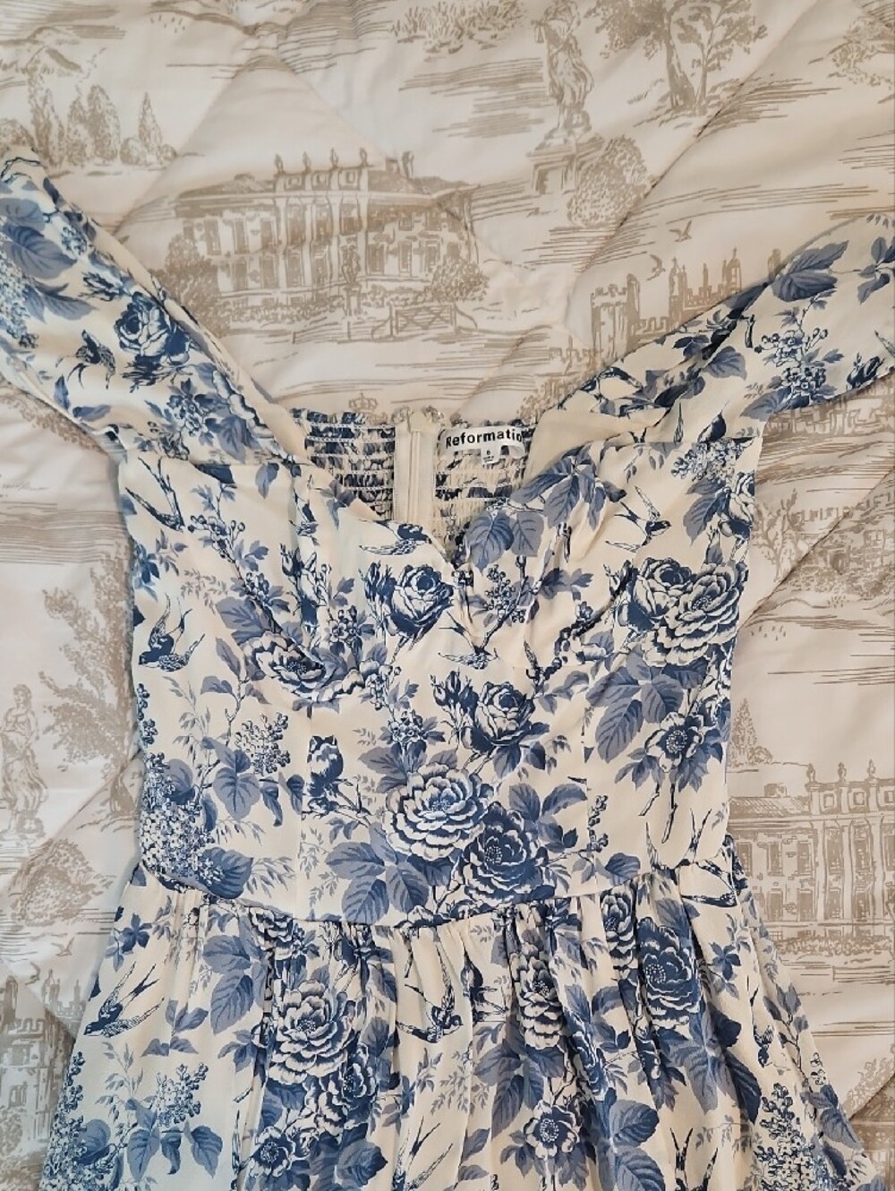 Reformation Blue and White Floral Off-Shoulder Sweetheart Midi Dress - Picture 3 of 4